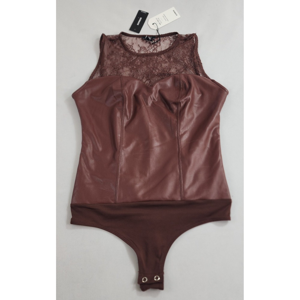 Express Body Contour Faux Leather Lace Bodysuit Brown XS 40436593 Sleeveless